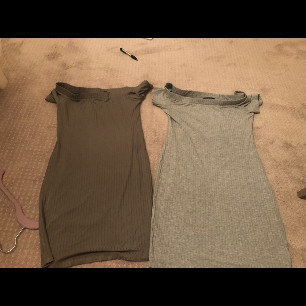 Olive and dark grey off the shoulder dress